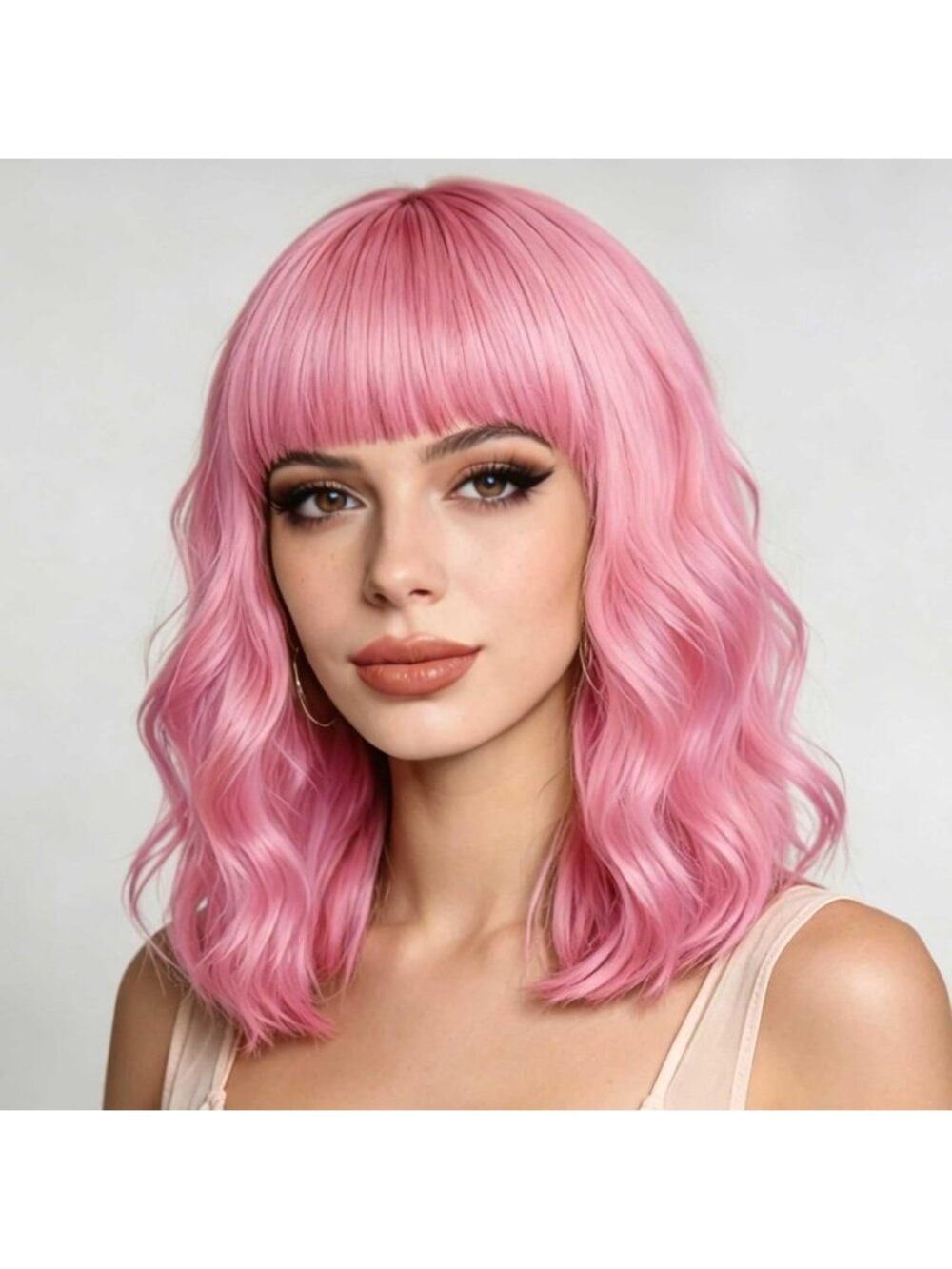 14Inch Women's Pink Short Bob Shoulder Length Wavy Synthetic Wigs With Bangs
